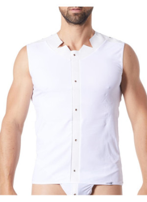 V-shirt débardeur blanc satiné avec bandes style cuir et dos avec transparence - LM807-77WHT